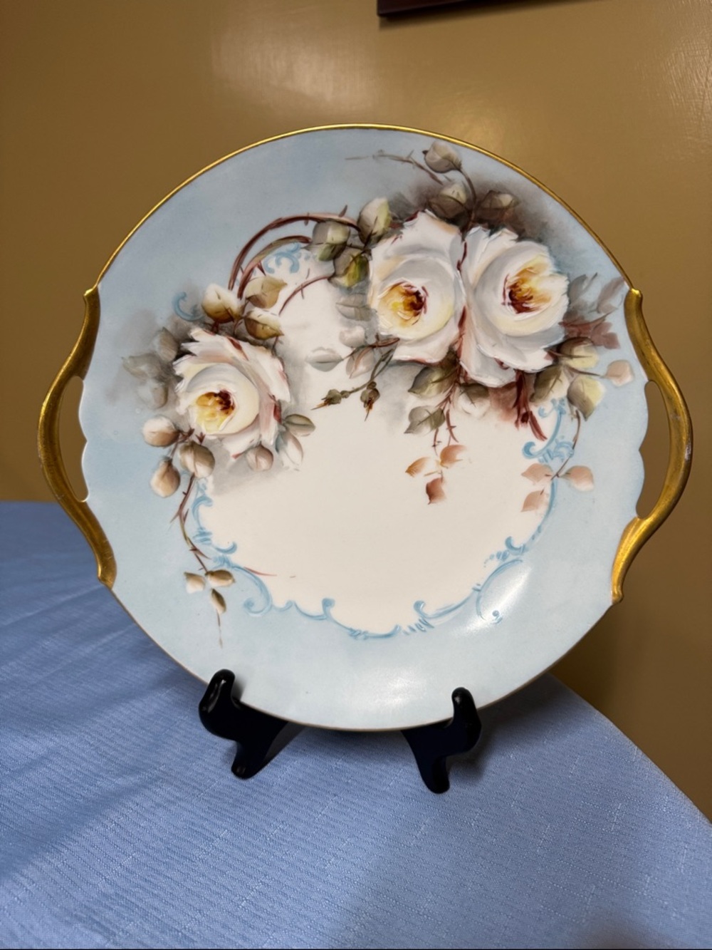 T & V Limoges France Cake Plate Hand-Painted Florals & Gold Handles 11”